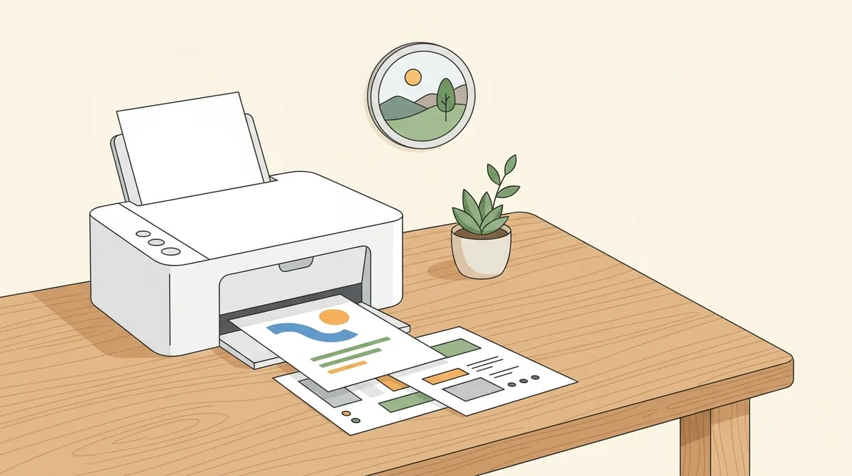 An all in one home printer on a desk beside a stack of paper