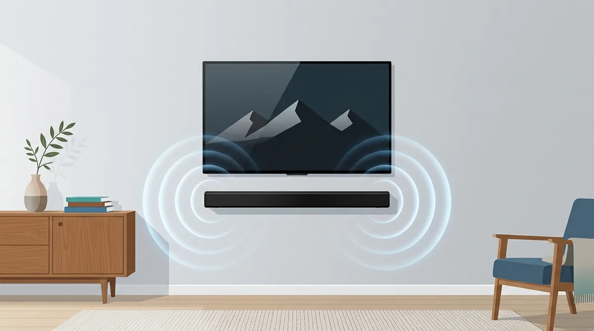 A soundbar and subwoofer set up below a television in a living room