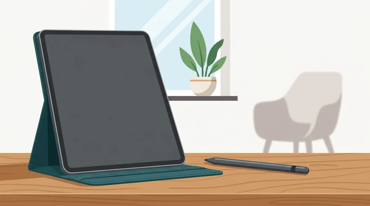 A tablet propped on a desk beside a cup of coffee and a notebook