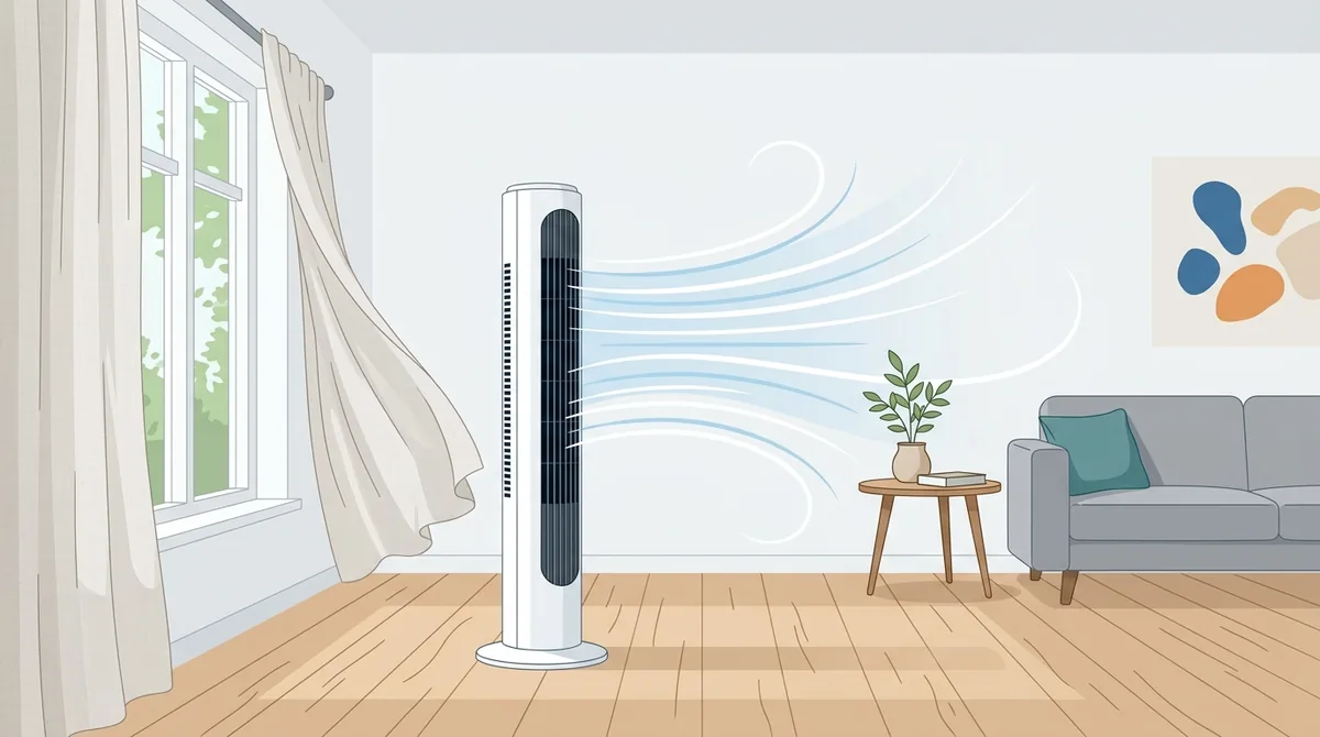 A tall tower fan standing beside a sofa in a bright living room