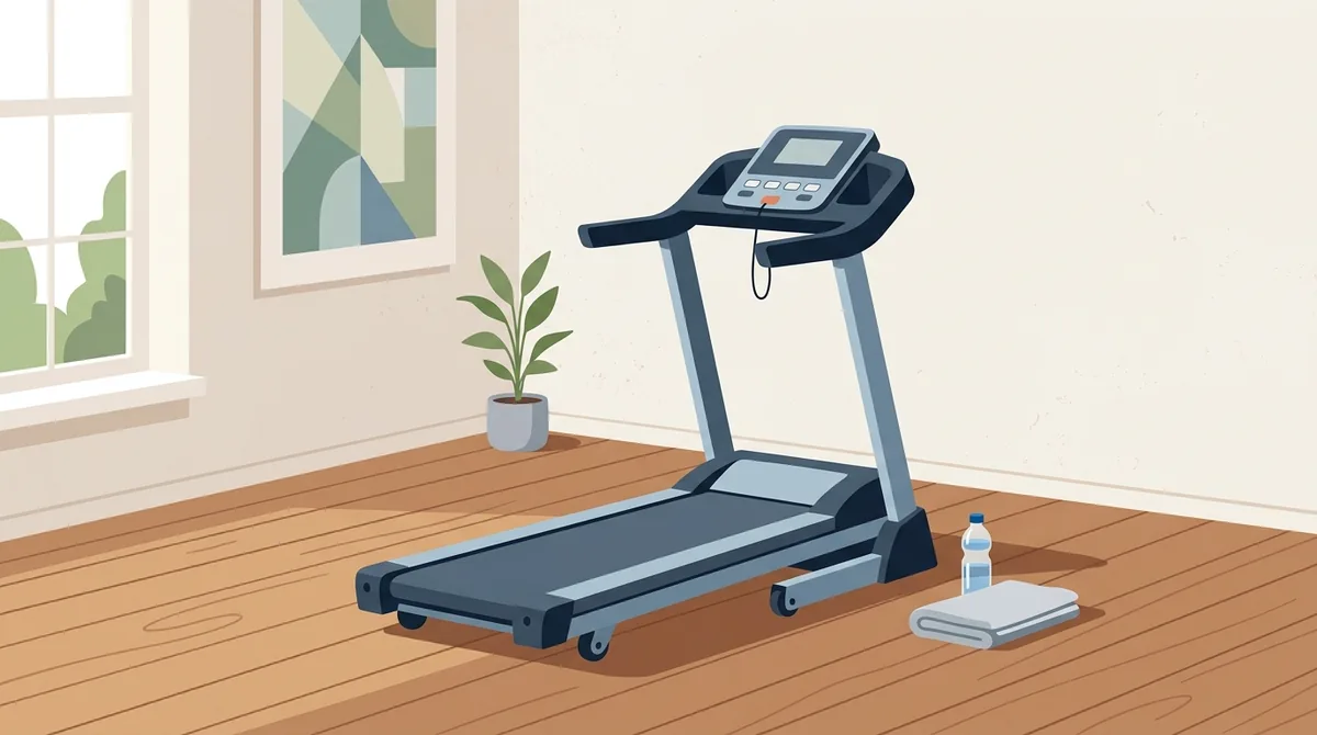 A folding home treadmill set up in a bright room beside a window